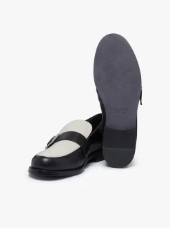 Women G.H.BASS Monty Buckle Loafers Black and Off White Leather
