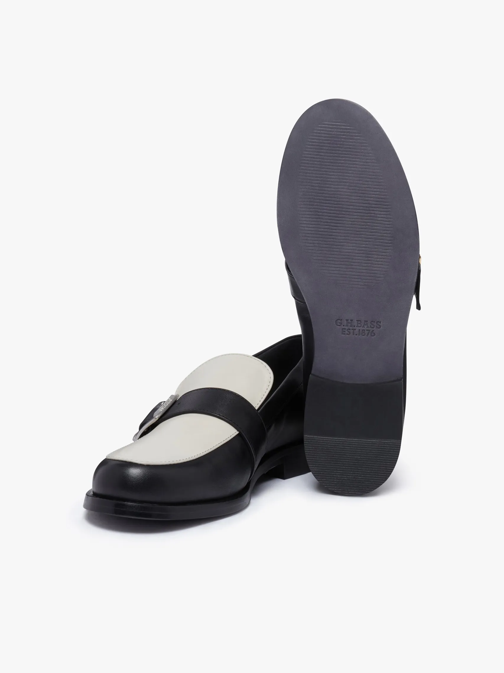 Women G.H.BASS Monty Buckle Loafers Black and Off White Leather