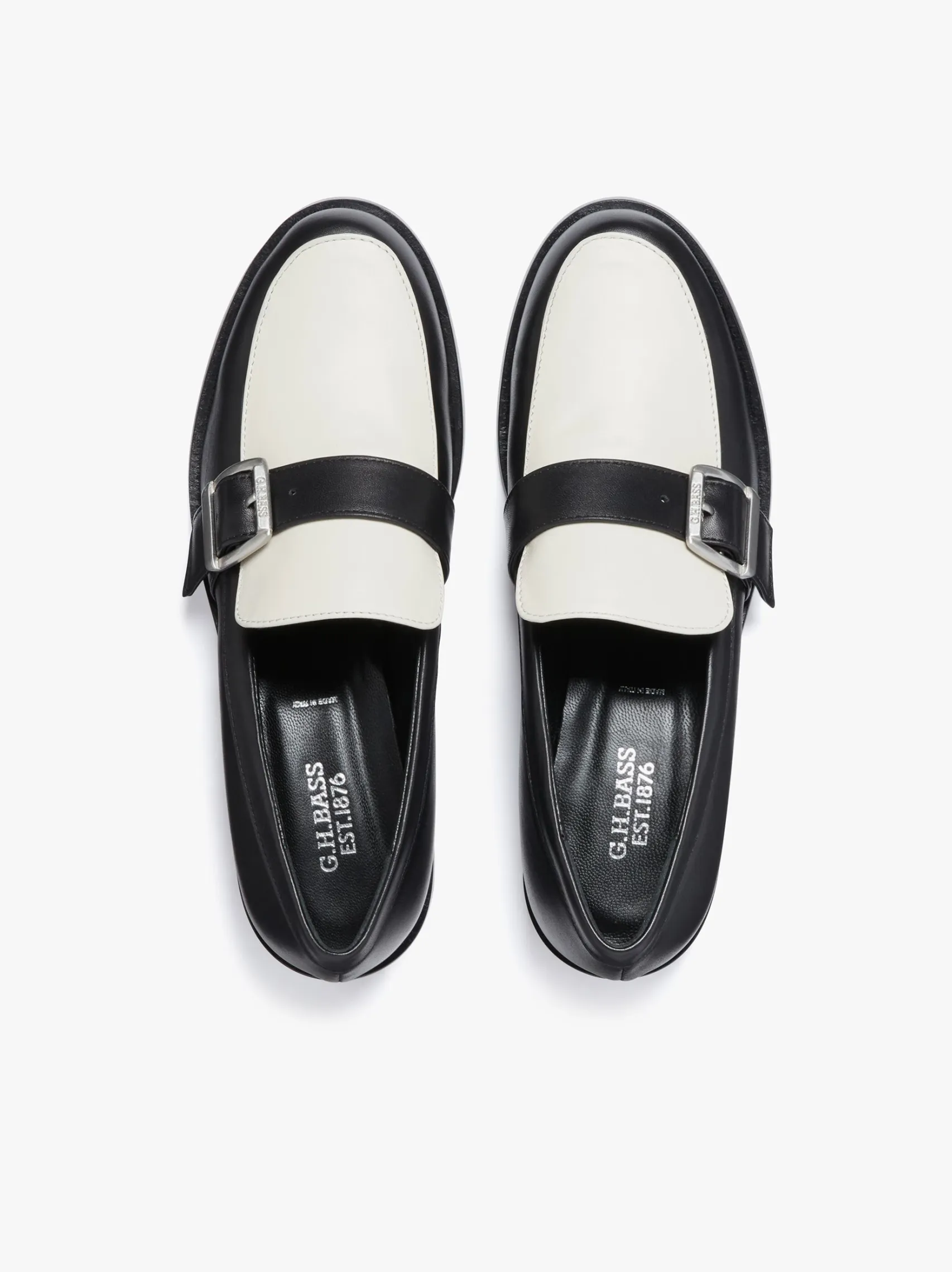Women G.H.BASS Monty Buckle Loafers Black and Off White Leather