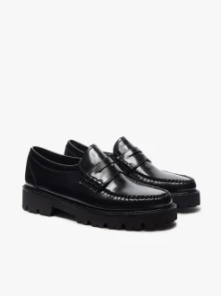 Women G.H.BASS Weejuns Grace Super Lug Penny Loafers Black Leather