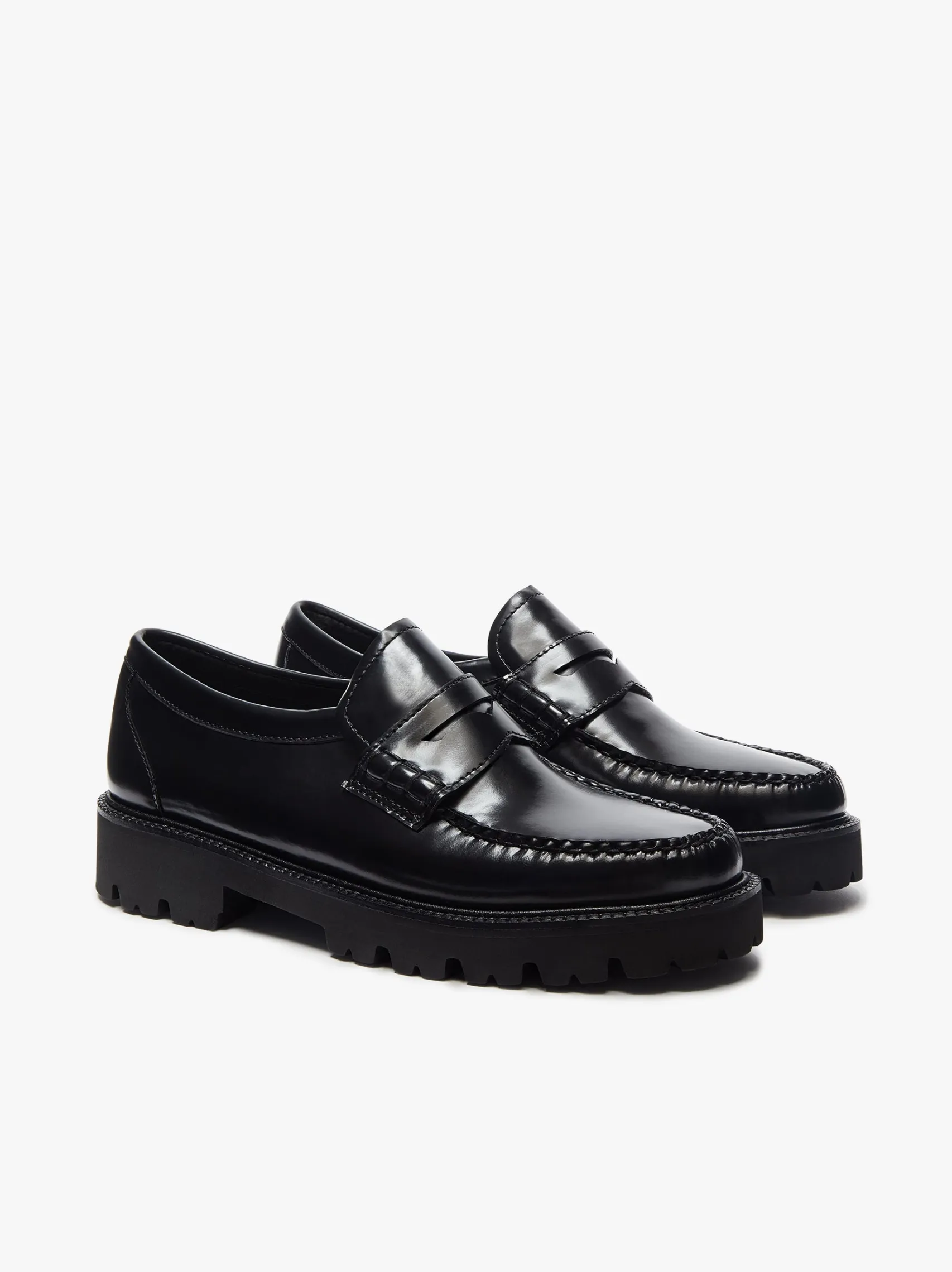 Women G.H.BASS Weejuns Grace Super Lug Penny Loafers Black Leather
