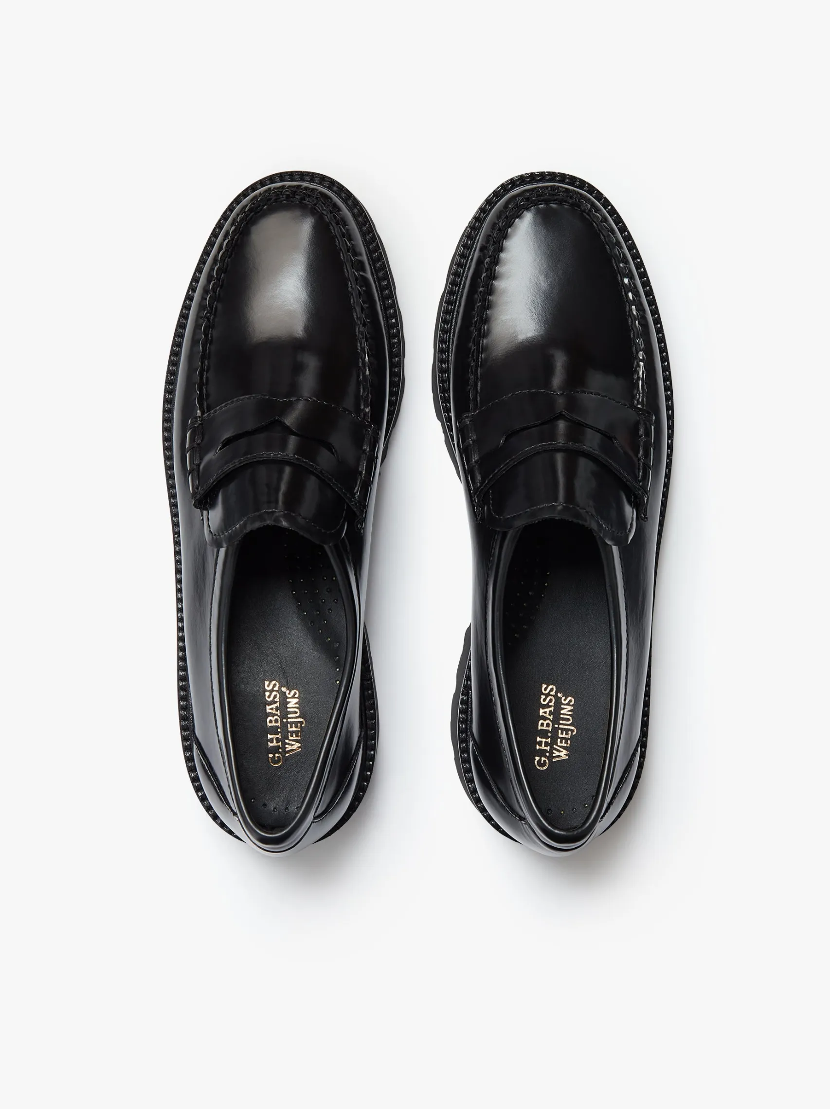 Women G.H.BASS Weejuns Grace Super Lug Penny Loafers Black Leather