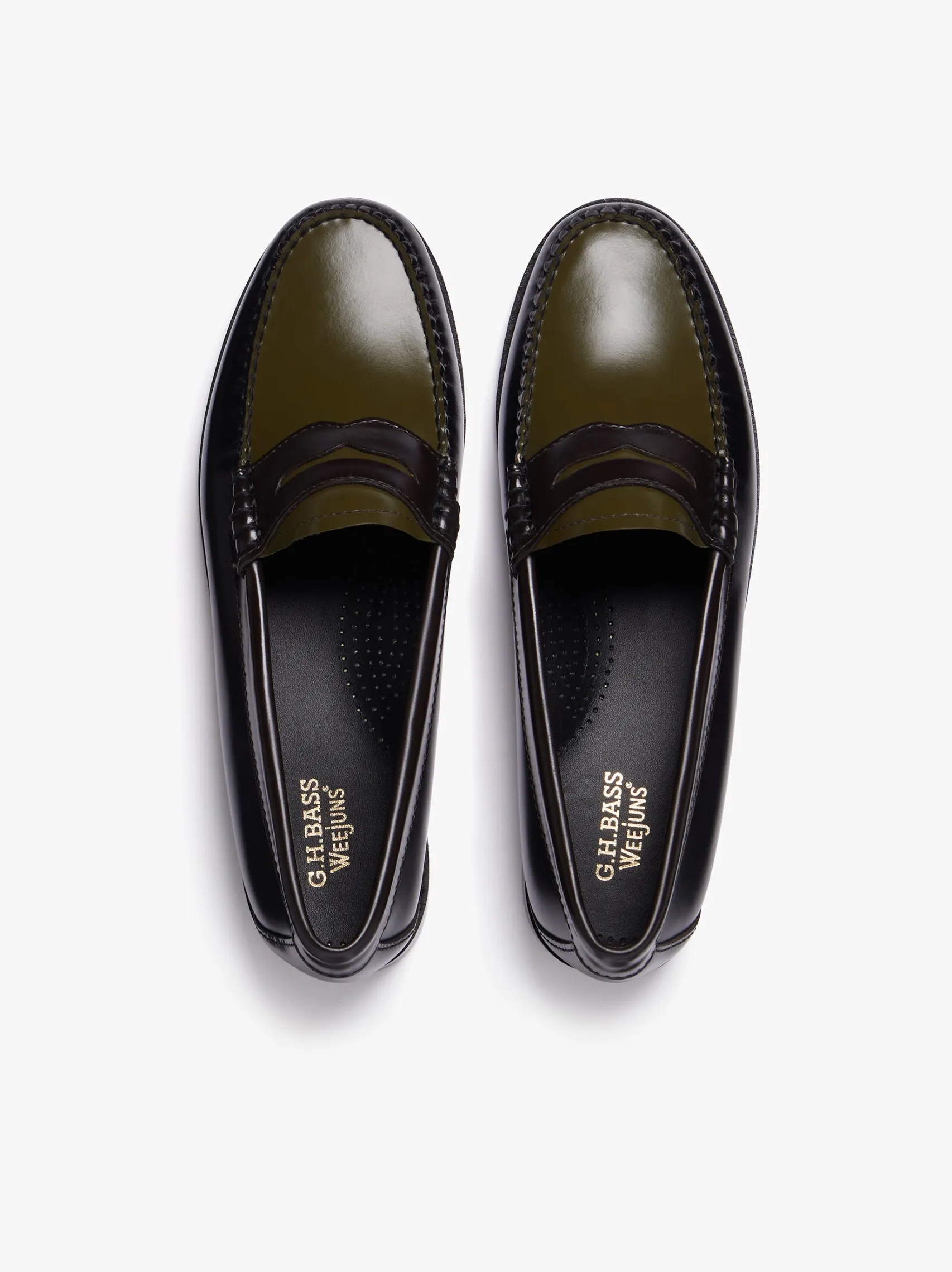 Women G.H.BASS Weejuns Tricolour Penny Loafers Black, Chocolate & Green Leather