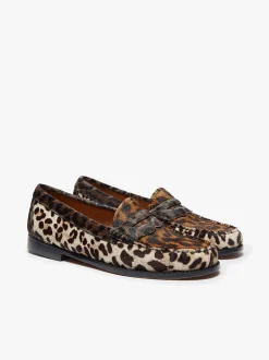 Women G.H.BASS Whitney Leopard Penny Loafers Dark Tan Leather with Leopard Print