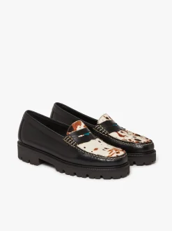 Women G.H.BASS Whitney Super Lug Penny Loafers Black Leather with Cow Print