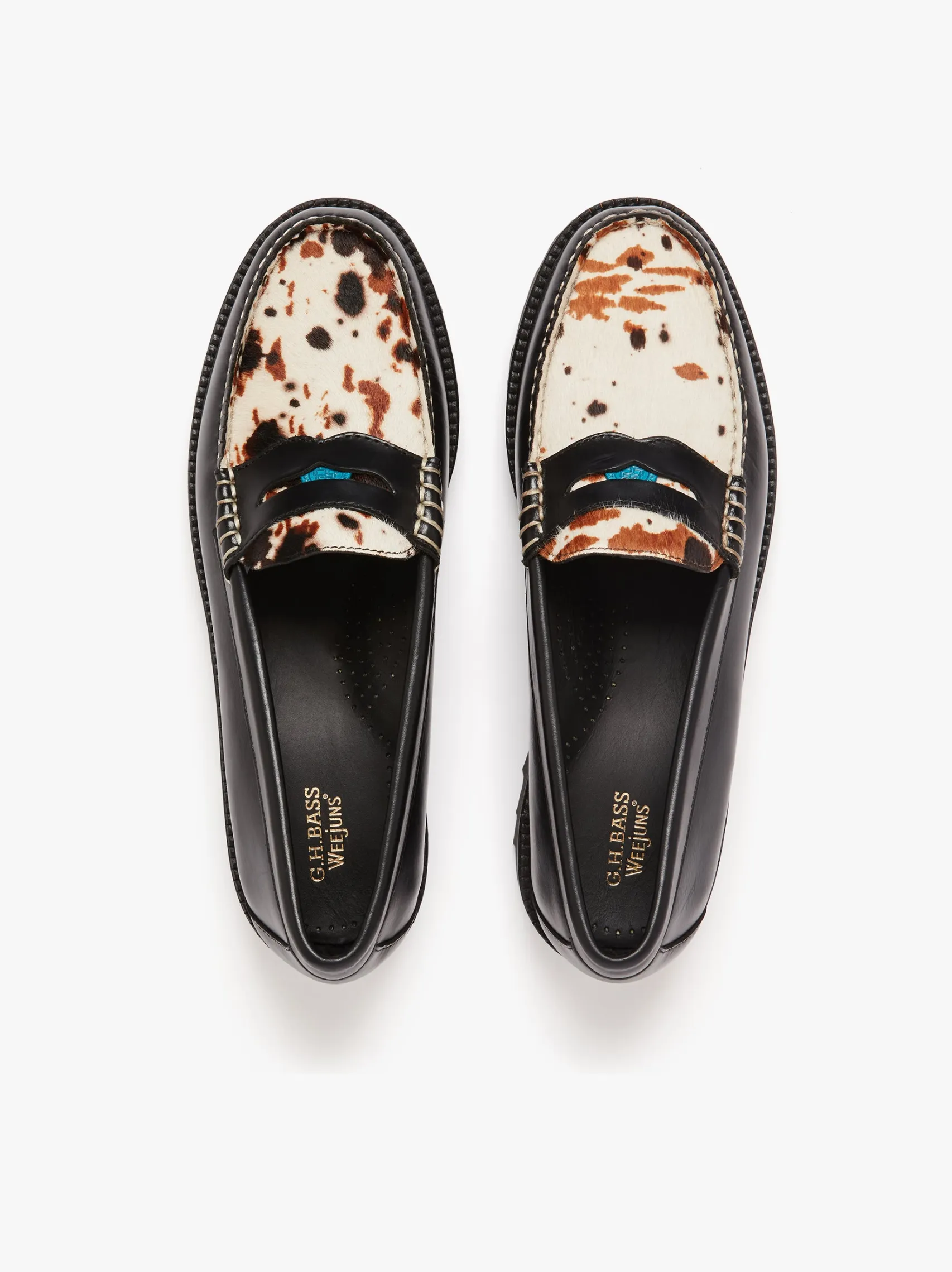 Women G.H.BASS Whitney Super Lug Penny Loafers Black Leather with Cow Print
